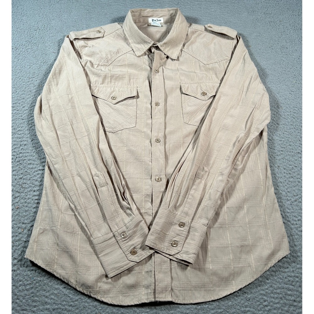 Pop Icon Shirt Mens Large Tan Textured‎ Flap Pockets Button Front Western Cowboy